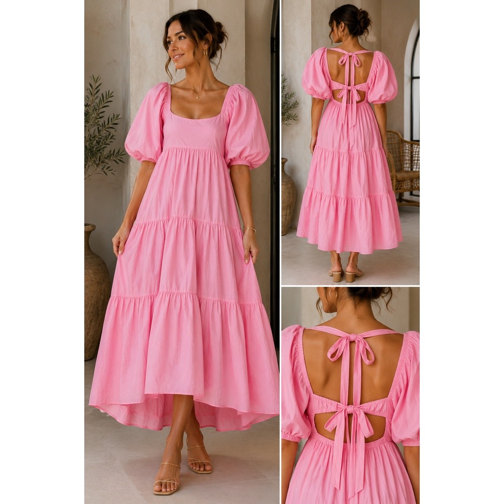 Talulah Pink Tiered Midi Dress Puff Sleeve Open Tie Back S19438 Womens Large
